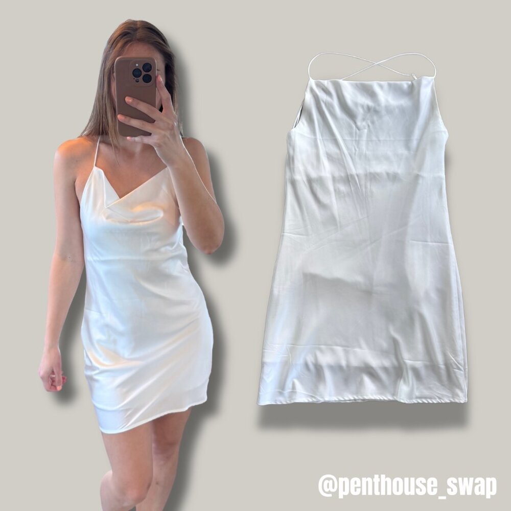 White Satin Backless Bridal Mini Dress with Cowl Neck, Size S